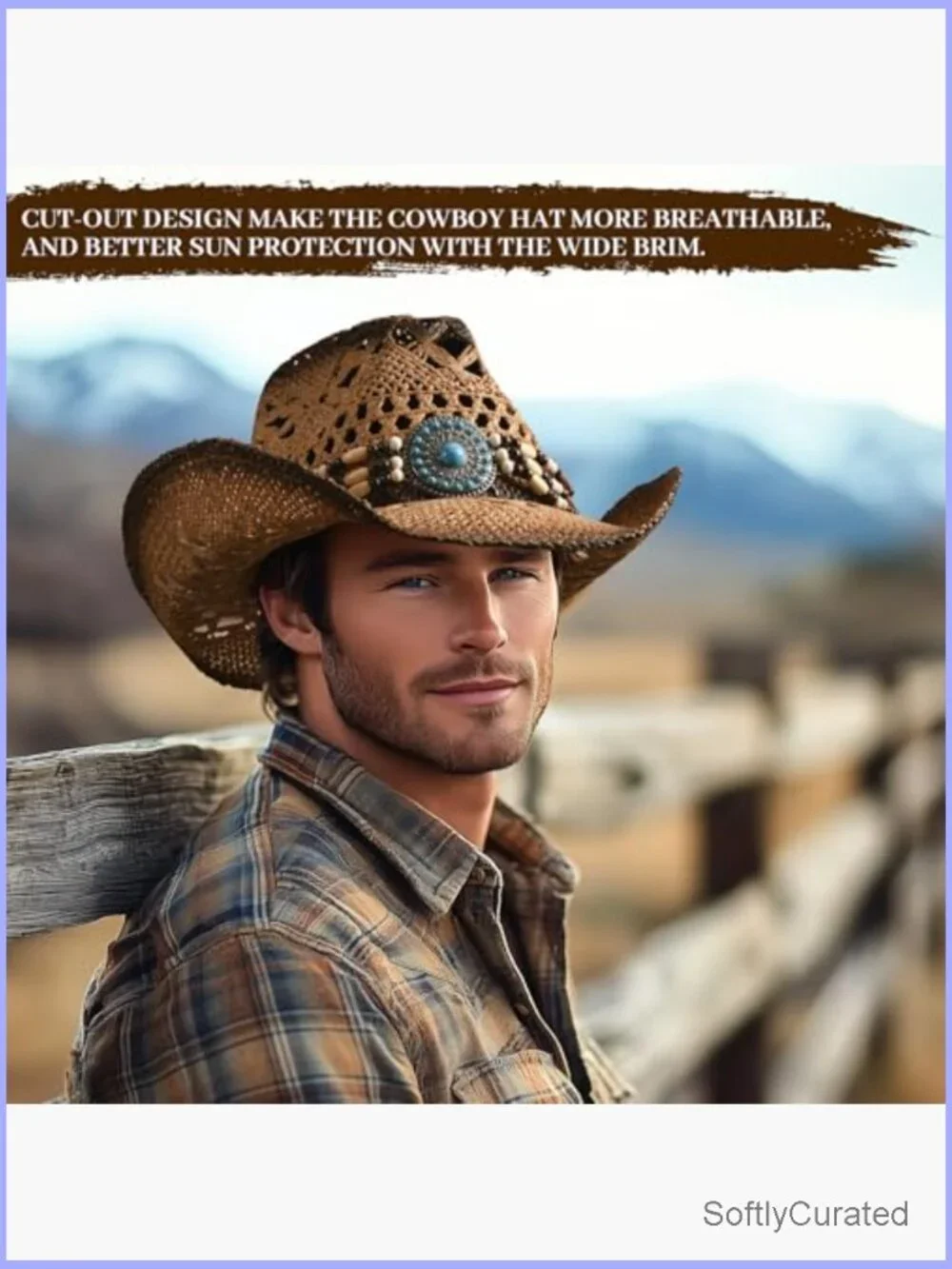 Straw Cowboy Hat with Wide Brim - Medium Size for Adults Summer Western Hat - Picture 6 of 7